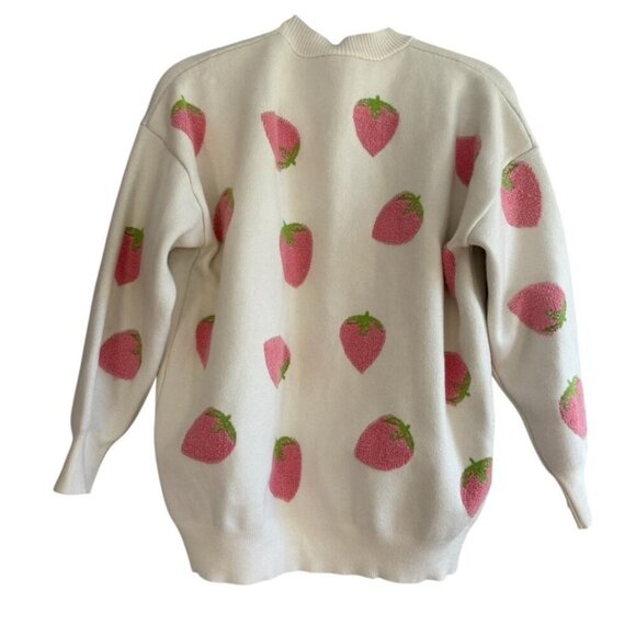 Forever 21 Strawberry Print Cream Cardigan Oversized Fit Medium - Picture 3 of 5